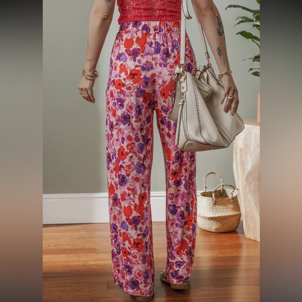 NWOT Boutique XL Floral Wide-Leg Pants - Red and Purple And Pink - Picture 3 of 7